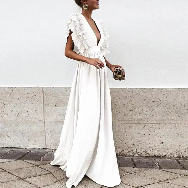 Ruffle Sleeve Deep V Maxi Dress for Women