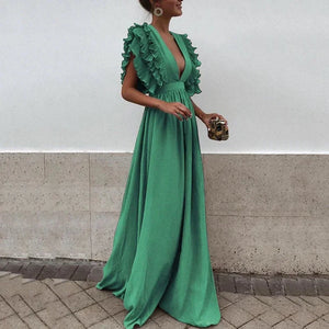 Ruffle Sleeve Deep V Maxi Dress for Women
