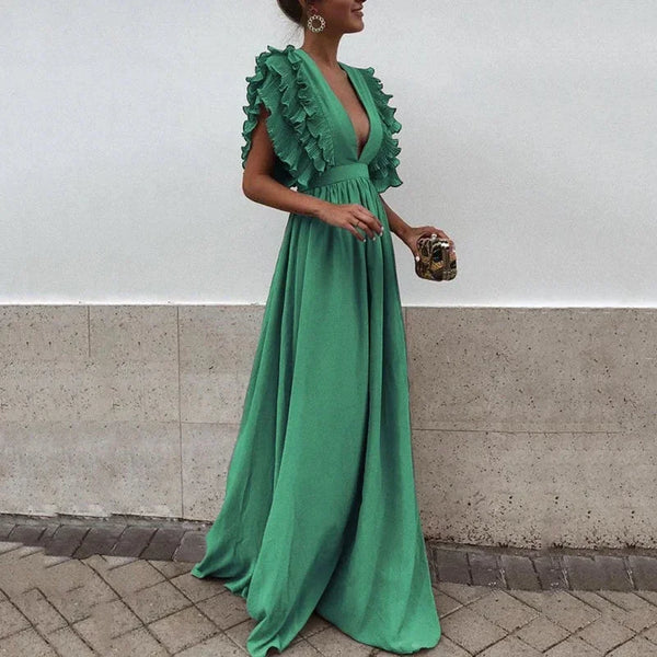Ruffle Sleeve Deep V Maxi Dress for Women