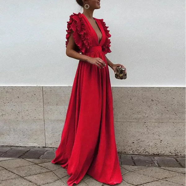 Ruffle Sleeve Deep V Maxi Dress for Women
