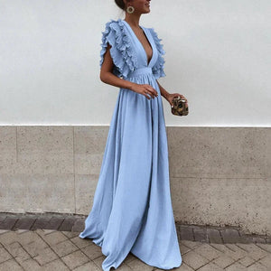 Ruffle Sleeve Deep V Maxi Dress for Women
