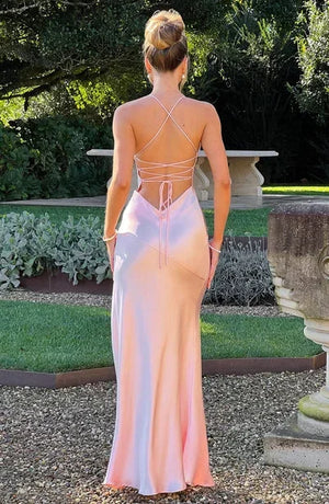 Women’s Satin Lace-Up Back Split Maxi Dress