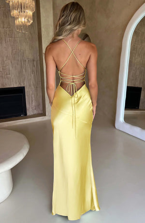 Women’s Satin Lace-Up Back Split Maxi Dress