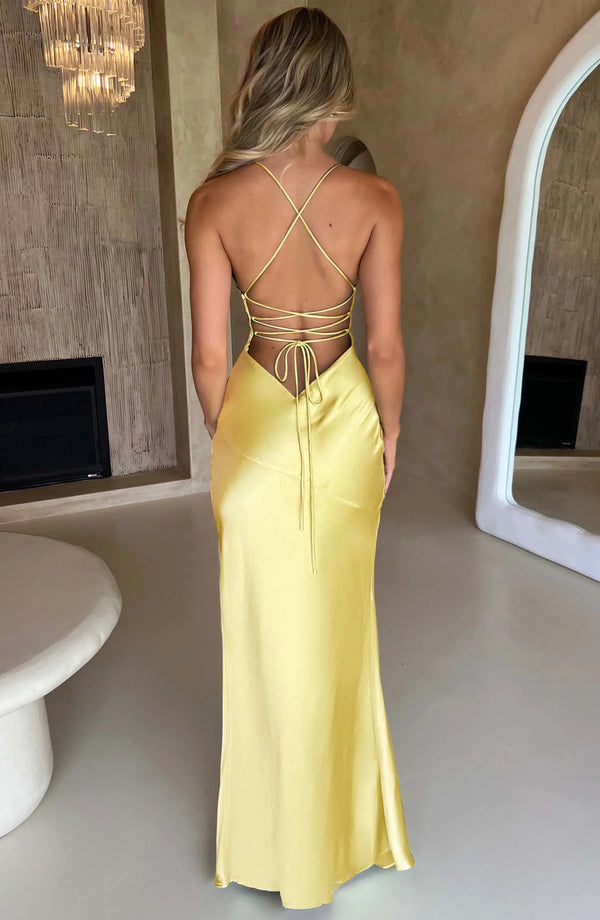 Women’s Satin Lace-Up Back Split Maxi Dress