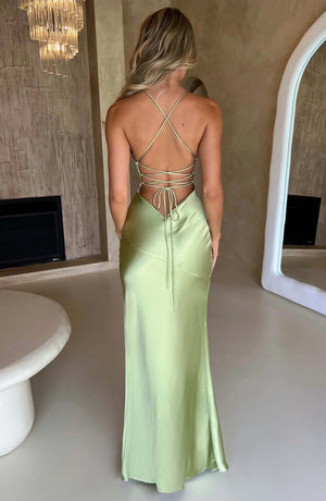 Women’s Satin Lace-Up Back Split Maxi Dress