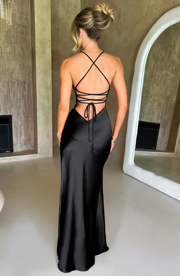 Women’s Satin Lace-Up Back Split Maxi Dress