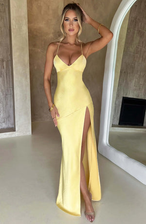 Women’s Satin Lace-Up Back Split Maxi Dress