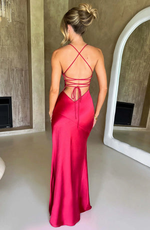 Women’s Satin Lace-Up Back Split Maxi Dress