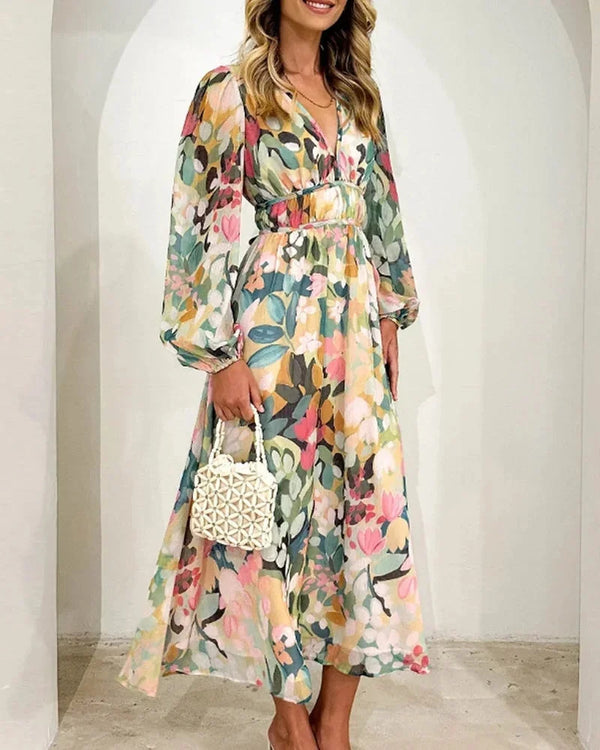 Elegant Floral V Neck Flowing Maxi Dress for Women