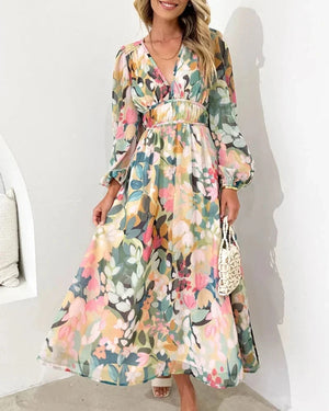 Elegant Floral V Neck Flowing Maxi Dress for Women