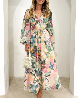 Elegant Floral V Neck Flowing Maxi Dress for Women