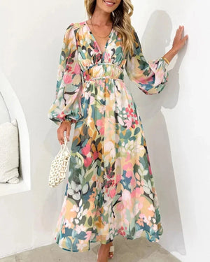 Elegant Floral V Neck Flowing Maxi Dress for Women