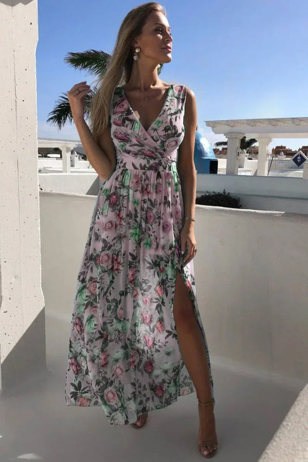 Floral Wrap V-Neck High Slit Maxi Dress for Women