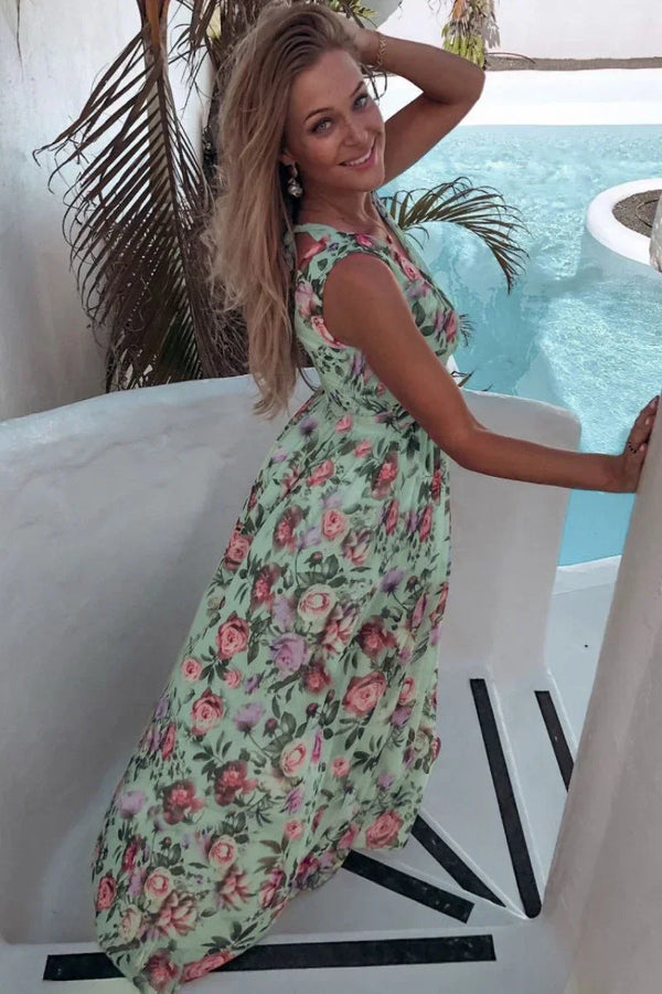 Floral Wrap V-Neck High Slit Maxi Dress for Women