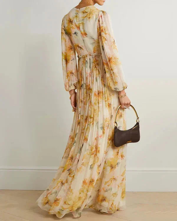 Vestido largo fluido con escote profundo en V y estampado floral para mujer