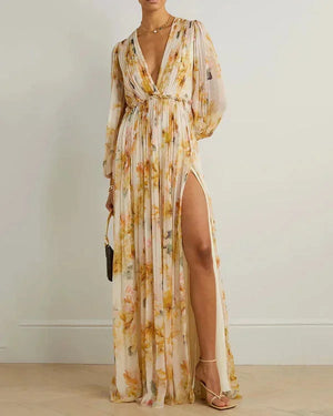 Vestido largo fluido con escote profundo en V y estampado floral para mujer