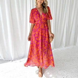 Women’s Floral Wrap Maxi Dress with Flutter Sleeves