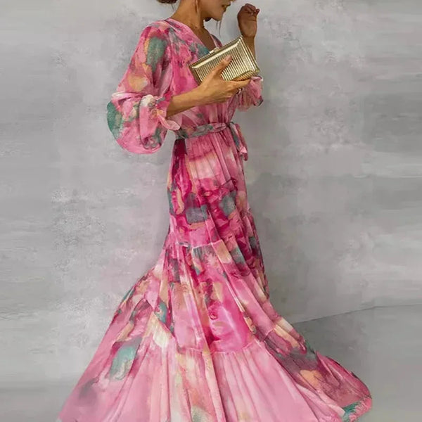 Elegant Floral V-Neck Long Sleeve Maxi Dress for Women