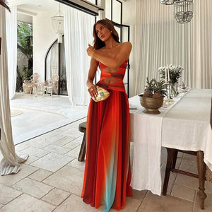 Vestido largo elegante color block sin tirantes para mujer