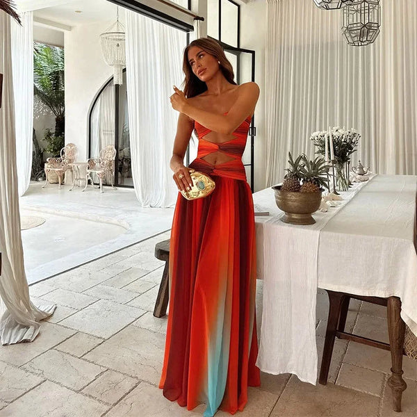 Vestido largo elegante color block sin tirantes para mujer