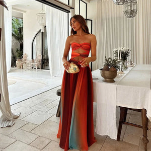 Vestido largo elegante color block sin tirantes para mujer