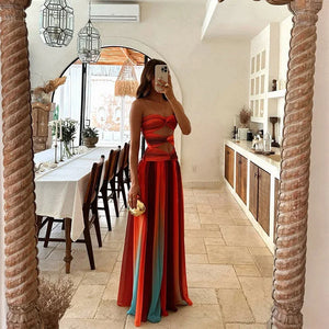 Vestido largo elegante color block sin tirantes para mujer
