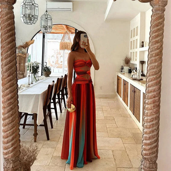 Vestido largo elegante color block sin tirantes para mujer