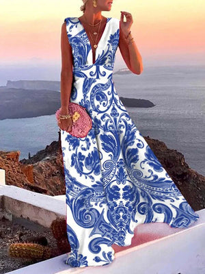 Flowing Sleeveless V Neck Maxi Dress for Women