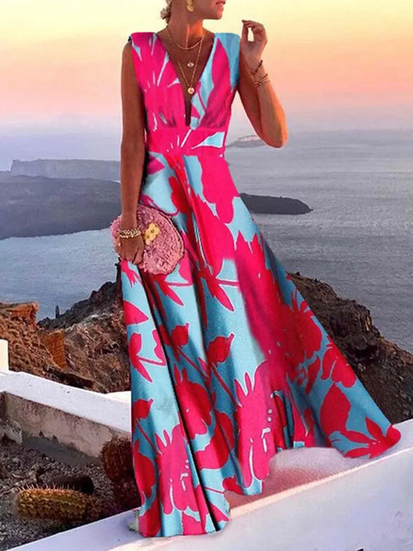 Flowing Sleeveless V Neck Maxi Dress for Women