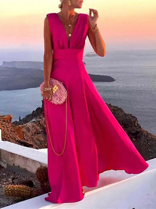 Flowing Sleeveless V Neck Maxi Dress for Women