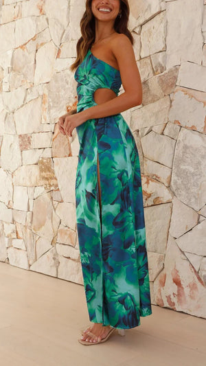 Vestido maxi con estampado tropical y un solo hombro para mujer