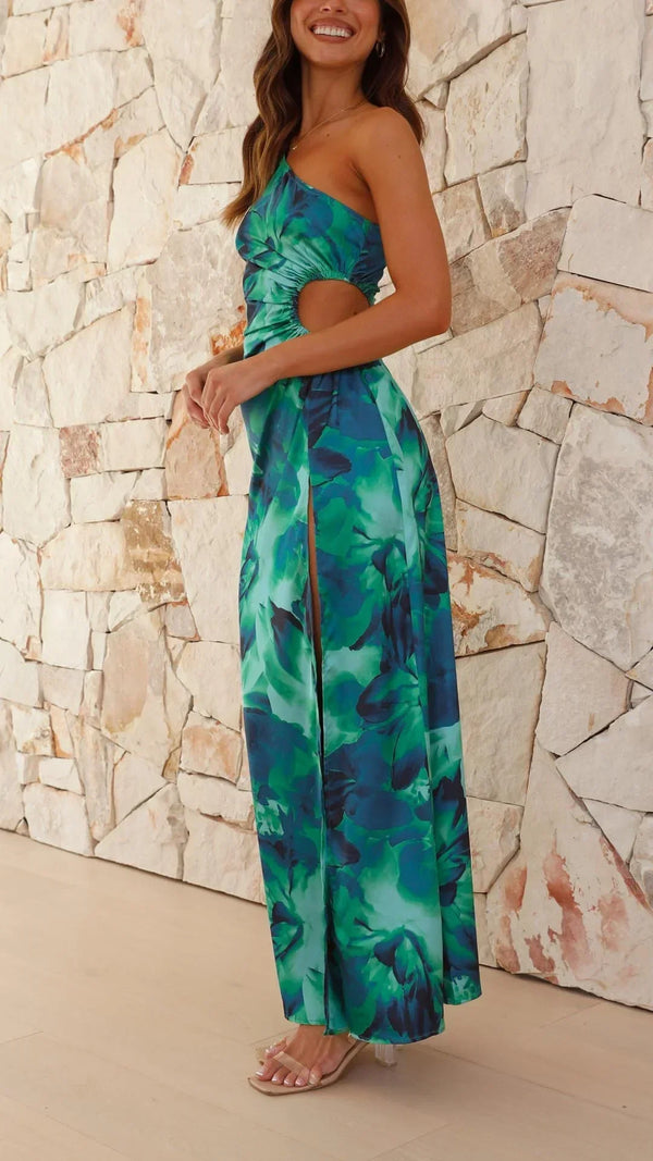 Vestido maxi con estampado tropical y un solo hombro para mujer