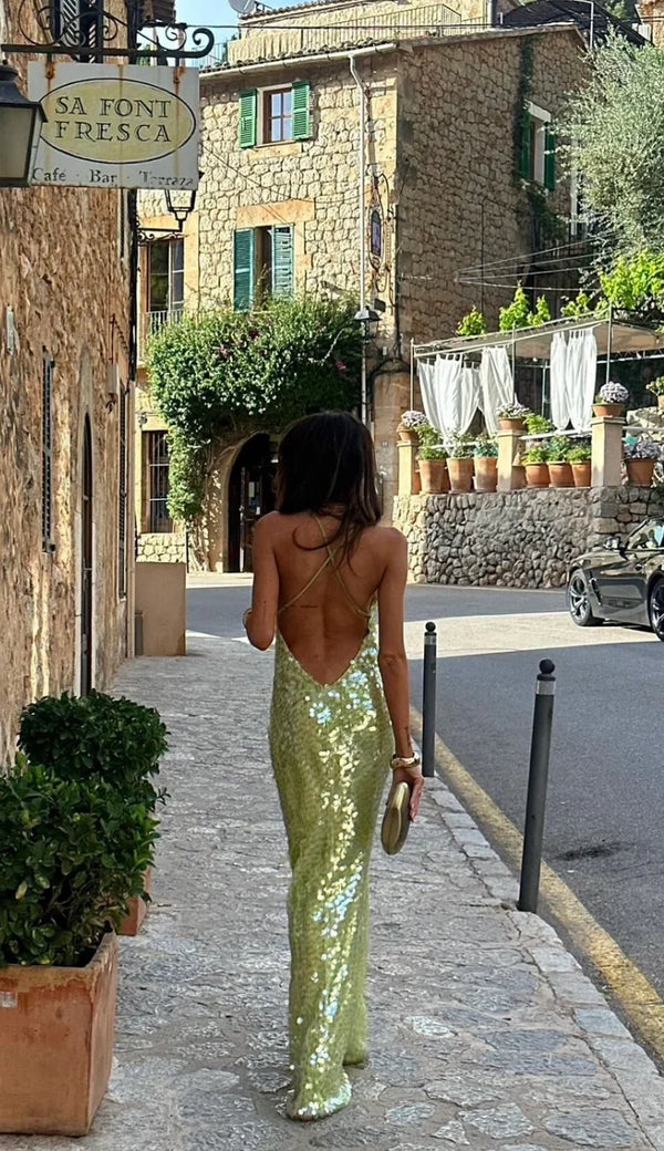 Women's Lime Green Sequin Backless Maxi Dress