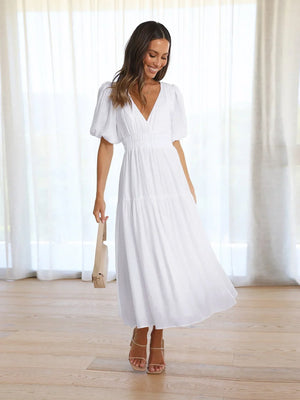 V-Neck Puff Sleeve Midi Dress for Women
