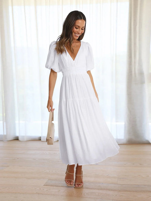 V-Neck Puff Sleeve Midi Dress for Women