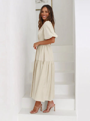 V-Neck Puff Sleeve Midi Dress for Women