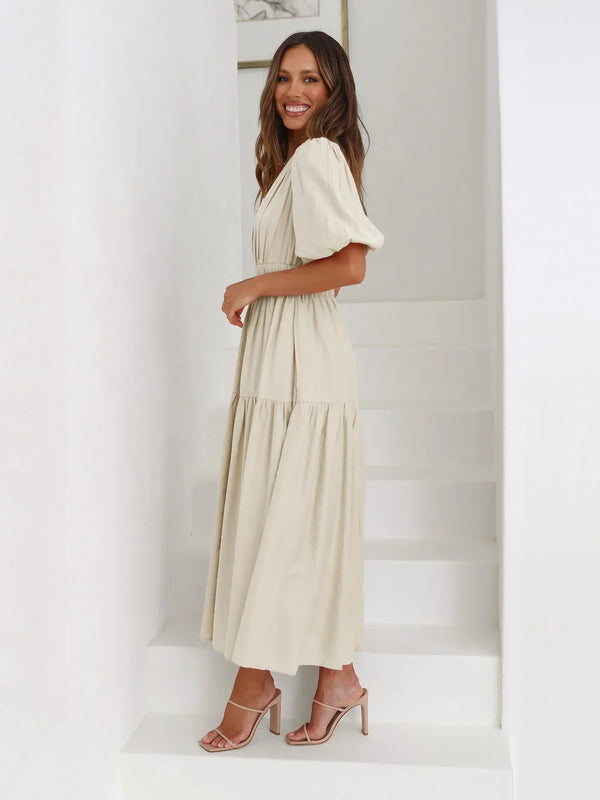 V-Neck Puff Sleeve Midi Dress for Women