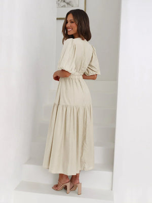 V-Neck Puff Sleeve Midi Dress for Women