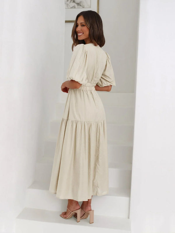 V-Neck Puff Sleeve Midi Dress for Women