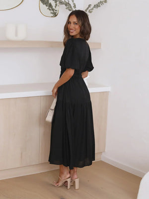 V-Neck Puff Sleeve Midi Dress for Women