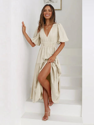 V-Neck Puff Sleeve Midi Dress for Women
