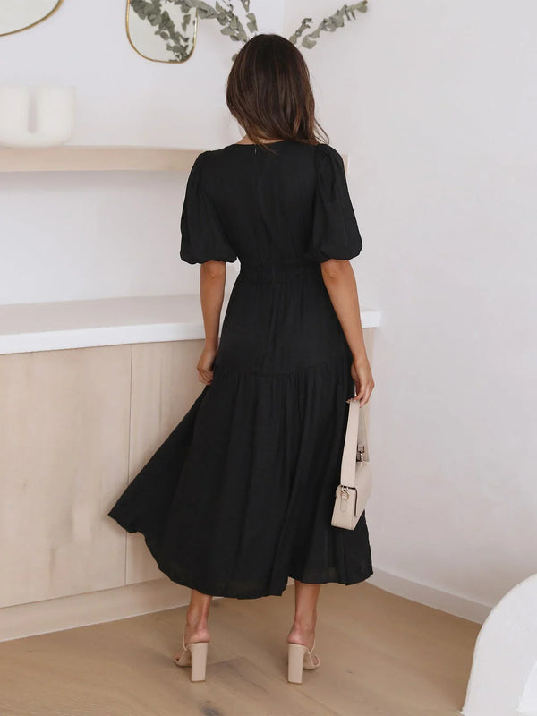 V-Neck Puff Sleeve Midi Dress for Women