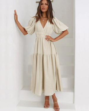 V-Neck Puff Sleeve Midi Dress for Women