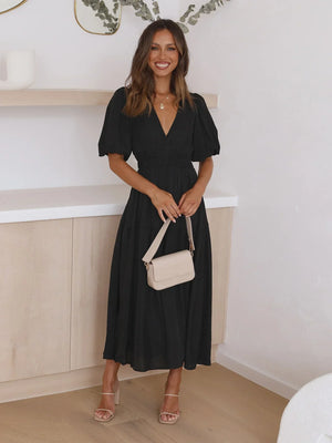 V-Neck Puff Sleeve Midi Dress for Women