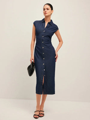 Women’s Button Front Slim Fit Denim Midi Dress