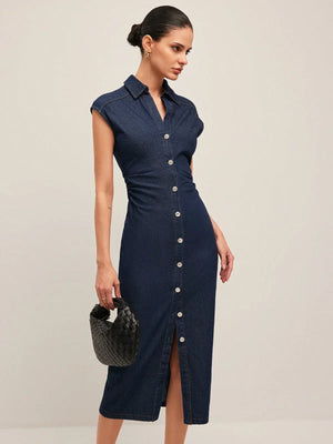 Women’s Button Front Slim Fit Denim Midi Dress