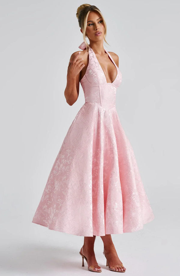 Halter Neck Fit and Flare Midi Dress for Women