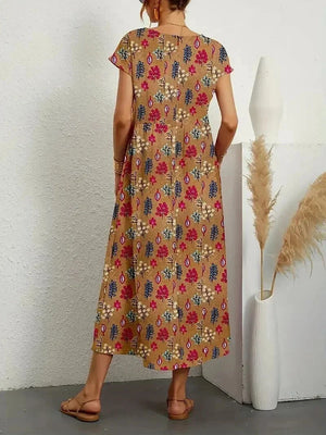 Women’s Boho Printed Midi Dress with Short Sleeves