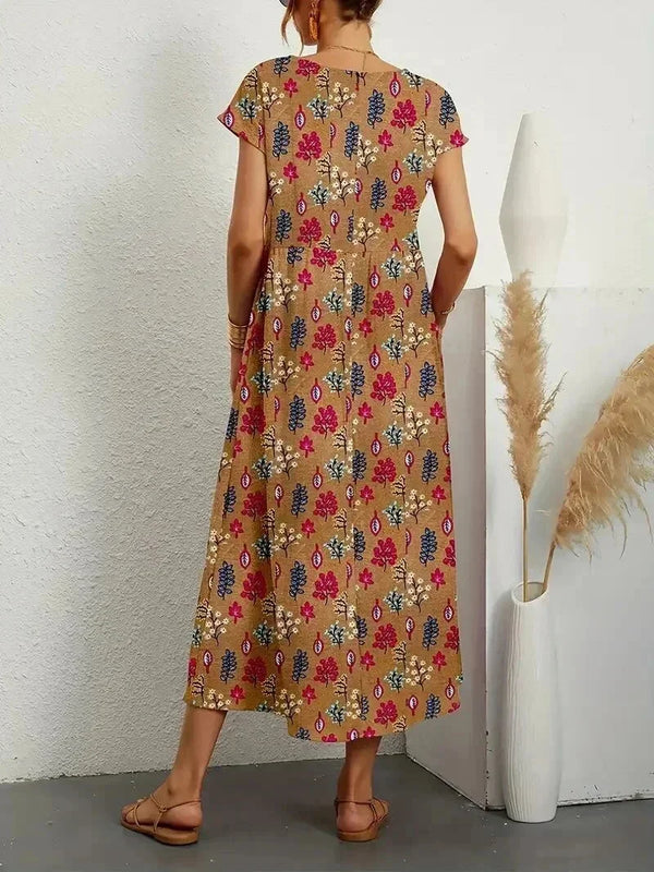 Women’s Boho Printed Midi Dress with Short Sleeves