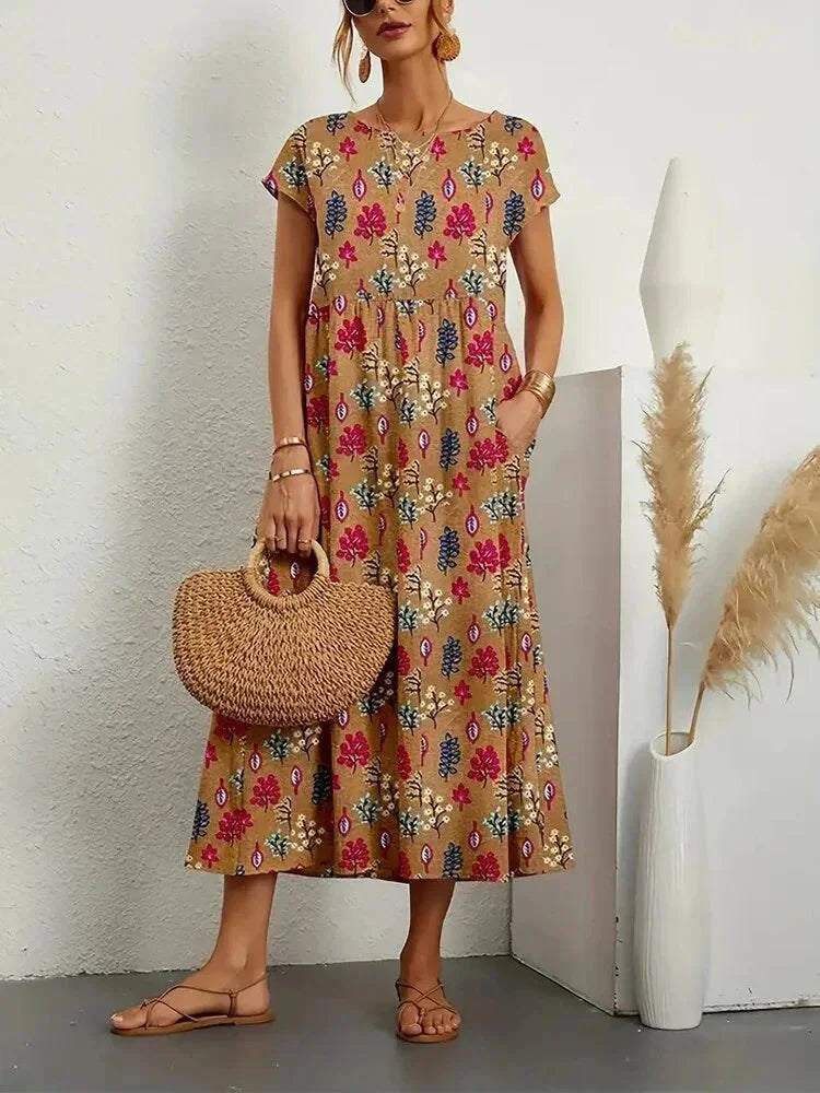 Women’s Boho Printed Midi Dress with Short Sleeves